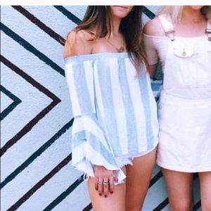 LF Off-Shoulder Blue and White Striped Long Sleeve